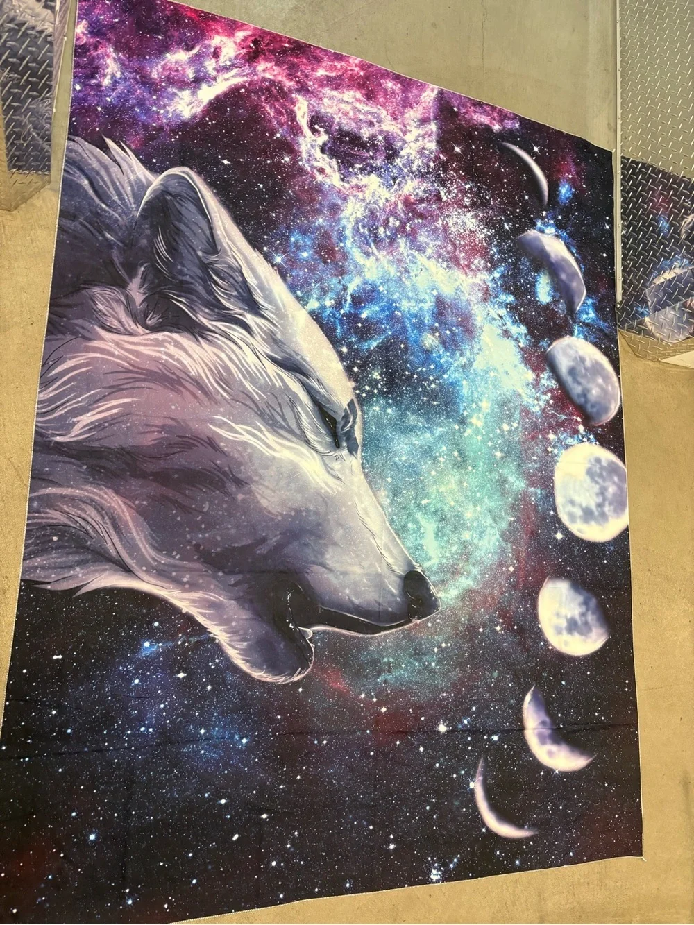Mystic Wolf Galaxy Moon Cycle Wall Tapestry